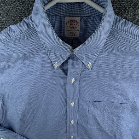 Brooks Brothers Button Up Shirt Men Cotton Blue Houndstooth 16 34/35 Traditional - Picture 1 of 13